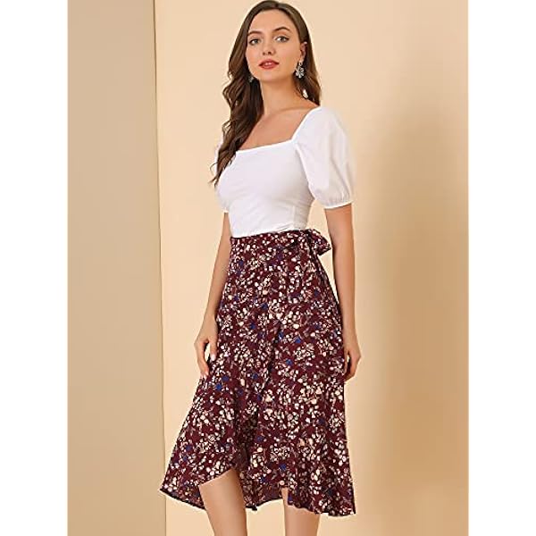 Allegra K Donna Gonna Longuette Portafoglio Floreale Gonne Vita Volant Asimmetrico